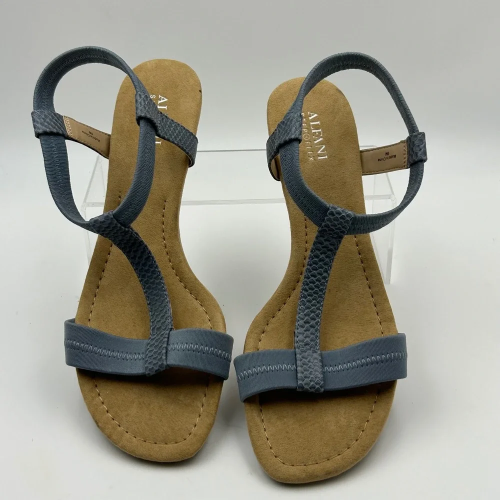 Alfani Voyage Wedge Sandals Womens 9M Blue T-Strap Cork Heel Coastal Summer